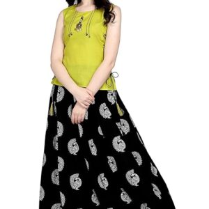 Women's Ethnic Top and Skirt Set, Sleeveless Cotton Solid Top with Crepe Printed Long lehenga