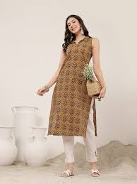 NYPA Women Sleeveless Rayon Printed Straight Kurta for Women