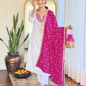 Women's Embroidered Straight Kurta Set with Pant and Floral Silk Dupatta