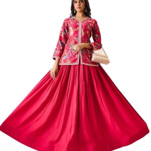 madhuram textiles Women'S Vatican Print Top Skirt Set for Women V-Neck Embroidered Ethnic Wear Dress(M-2549 Pink And yellow)