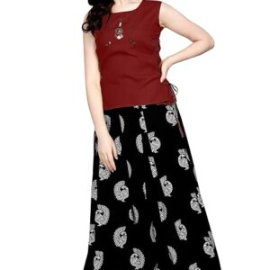 Women's Ethnic Top and Skirt Set, Sleeveless Cotton Solid Top with Crepe Printed Long lehenga